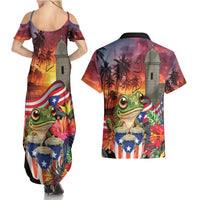Puerto Rico Coqui Frog Sunset Couples Matching Summer Maxi Dress and Hawaiian Shirt Isla Del Encanto Tropical Vibe - Wonder Print Shop