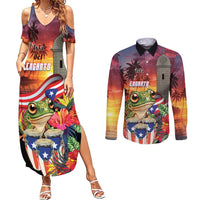 Puerto Rico Coqui Frog Sunset Couples Matching Summer Maxi Dress and Long Sleeve Button Shirt Isla Del Encanto Tropical Vibe - Wonder Print Shop