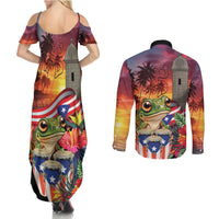 Puerto Rico Coqui Frog Sunset Couples Matching Summer Maxi Dress and Long Sleeve Button Shirt Isla Del Encanto Tropical Vibe - Wonder Print Shop
