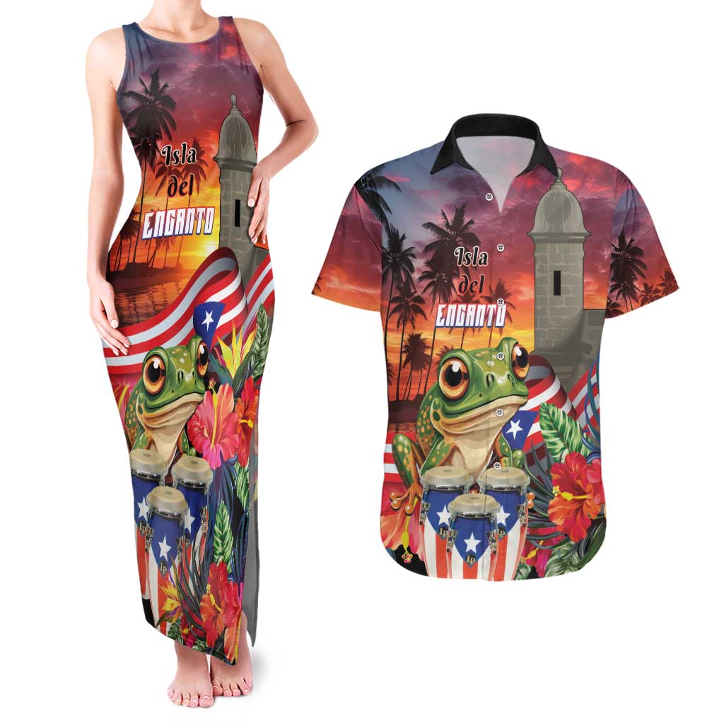 Puerto Rico Coqui Frog Sunset Couples Matching Tank Maxi Dress and Hawaiian Shirt Isla Del Encanto Tropical Vibe - Wonder Print Shop