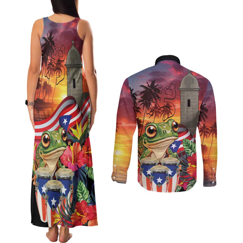 Puerto Rico Coqui Frog Sunset Couples Matching Tank Maxi Dress and Long Sleeve Button Shirt Isla Del Encanto Tropical Vibe - Wonder Print Shop