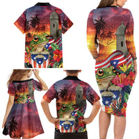 Puerto Rico Coqui Frog Sunset Family Matching Long Sleeve Bodycon Dress and Hawaiian Shirt Isla Del Encanto Tropical Vibe - Wonder Print Shop