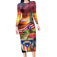 Puerto Rico Coqui Frog Sunset Family Matching Long Sleeve Bodycon Dress and Hawaiian Shirt Isla Del Encanto Tropical Vibe - Wonder Print Shop