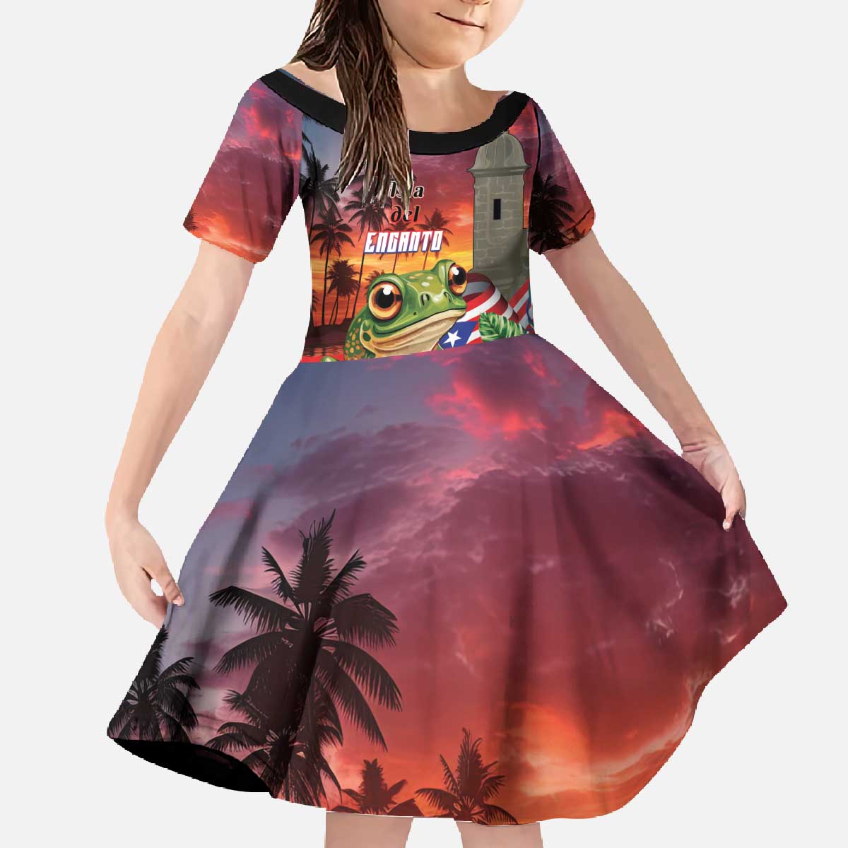 Puerto Rico Coqui Frog Sunset Family Matching Off The Shoulder Long Sleeve Dress and Hawaiian Shirt Isla Del Encanto Tropical Vibe - Wonder Print Shop