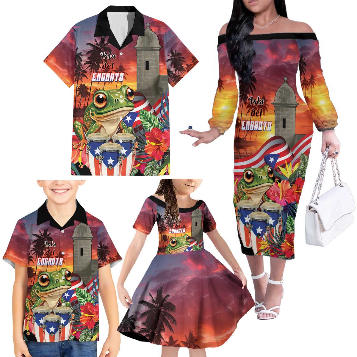 Puerto Rico Coqui Frog Sunset Family Matching Off The Shoulder Long Sleeve Dress and Hawaiian Shirt Isla Del Encanto Tropical Vibe - Wonder Print Shop