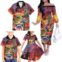 Puerto Rico Coqui Frog Sunset Family Matching Off The Shoulder Long Sleeve Dress and Hawaiian Shirt Isla Del Encanto Tropical Vibe - Wonder Print Shop