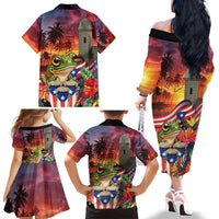 Puerto Rico Coqui Frog Sunset Family Matching Off The Shoulder Long Sleeve Dress and Hawaiian Shirt Isla Del Encanto Tropical Vibe - Wonder Print Shop