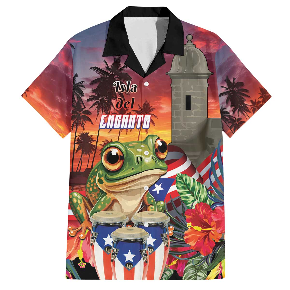 Puerto Rico Coqui Frog Sunset Family Matching Off The Shoulder Long Sleeve Dress and Hawaiian Shirt Isla Del Encanto Tropical Vibe - Wonder Print Shop