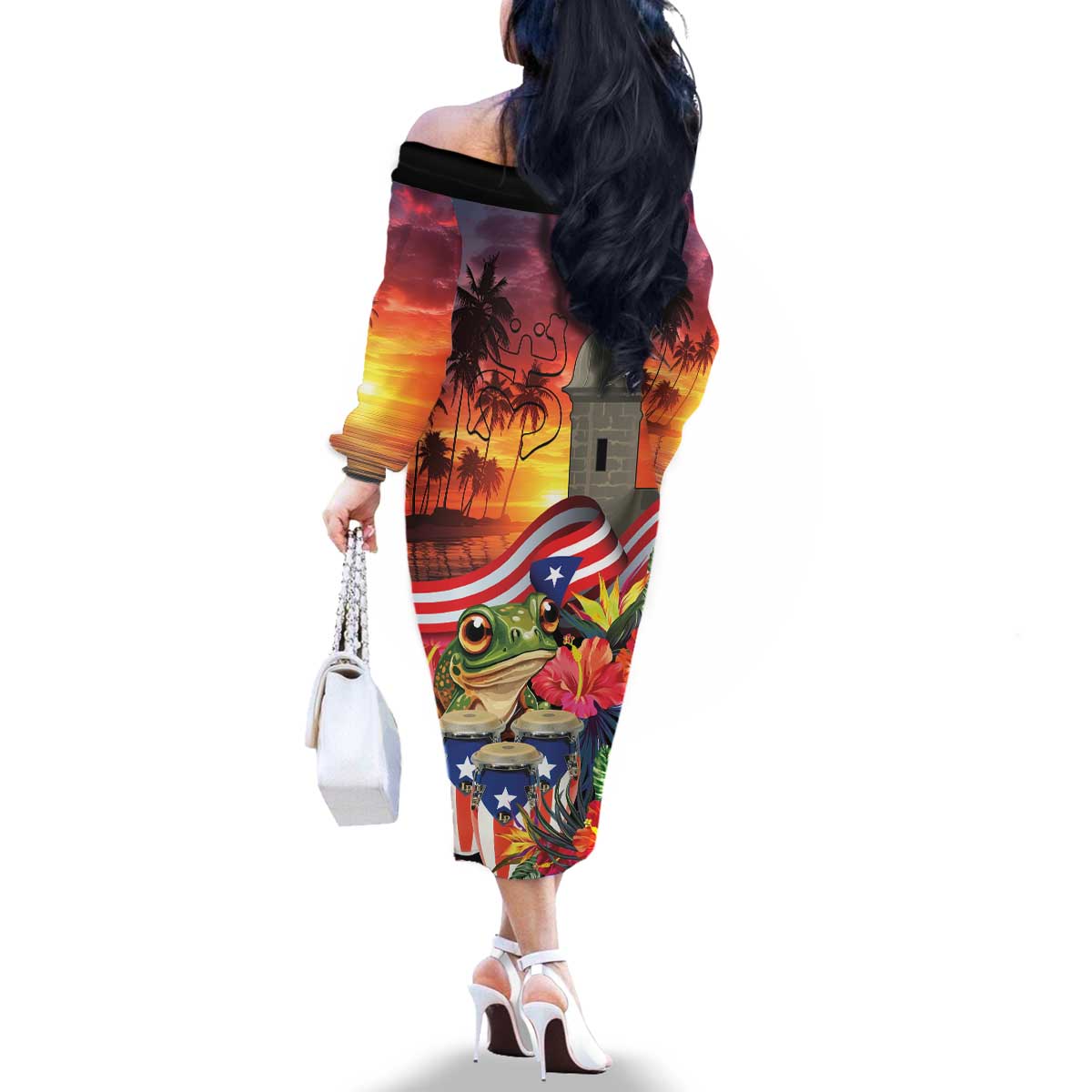 Puerto Rico Coqui Frog Sunset Family Matching Off The Shoulder Long Sleeve Dress and Hawaiian Shirt Isla Del Encanto Tropical Vibe - Wonder Print Shop