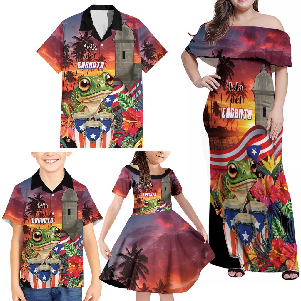 Puerto Rico Coqui Frog Sunset Family Matching Off Shoulder Maxi Dress and Hawaiian Shirt Isla Del Encanto Tropical Vibe - Wonder Print Shop