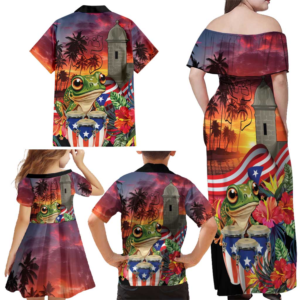 Puerto Rico Coqui Frog Sunset Family Matching Off Shoulder Maxi Dress and Hawaiian Shirt Isla Del Encanto Tropical Vibe - Wonder Print Shop