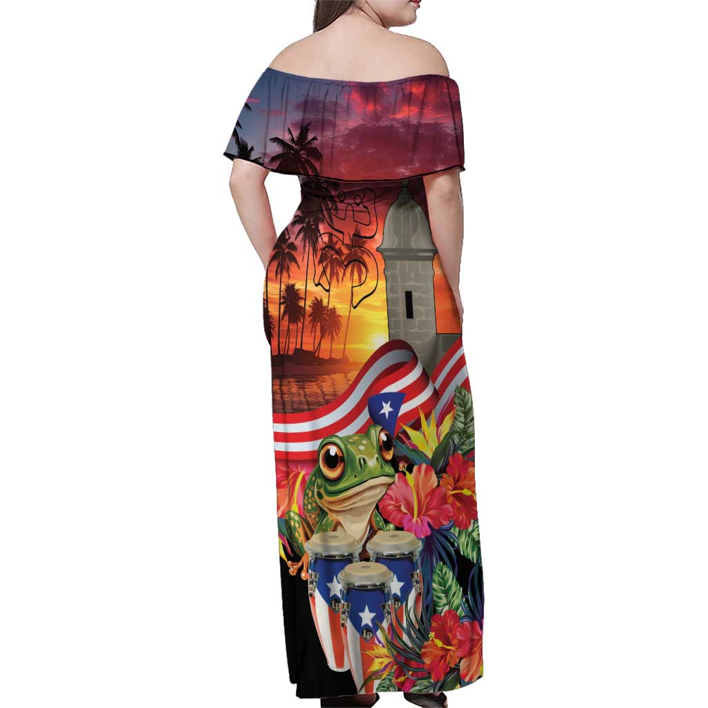 Puerto Rico Coqui Frog Sunset Family Matching Off Shoulder Maxi Dress and Hawaiian Shirt Isla Del Encanto Tropical Vibe - Wonder Print Shop