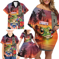 Puerto Rico Coqui Frog Sunset Family Matching Off Shoulder Short Dress and Hawaiian Shirt Isla Del Encanto Tropical Vibe - Wonder Print Shop