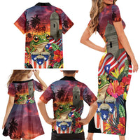 Puerto Rico Coqui Frog Sunset Family Matching Short Sleeve Bodycon Dress and Hawaiian Shirt Isla Del Encanto Tropical Vibe - Wonder Print Shop