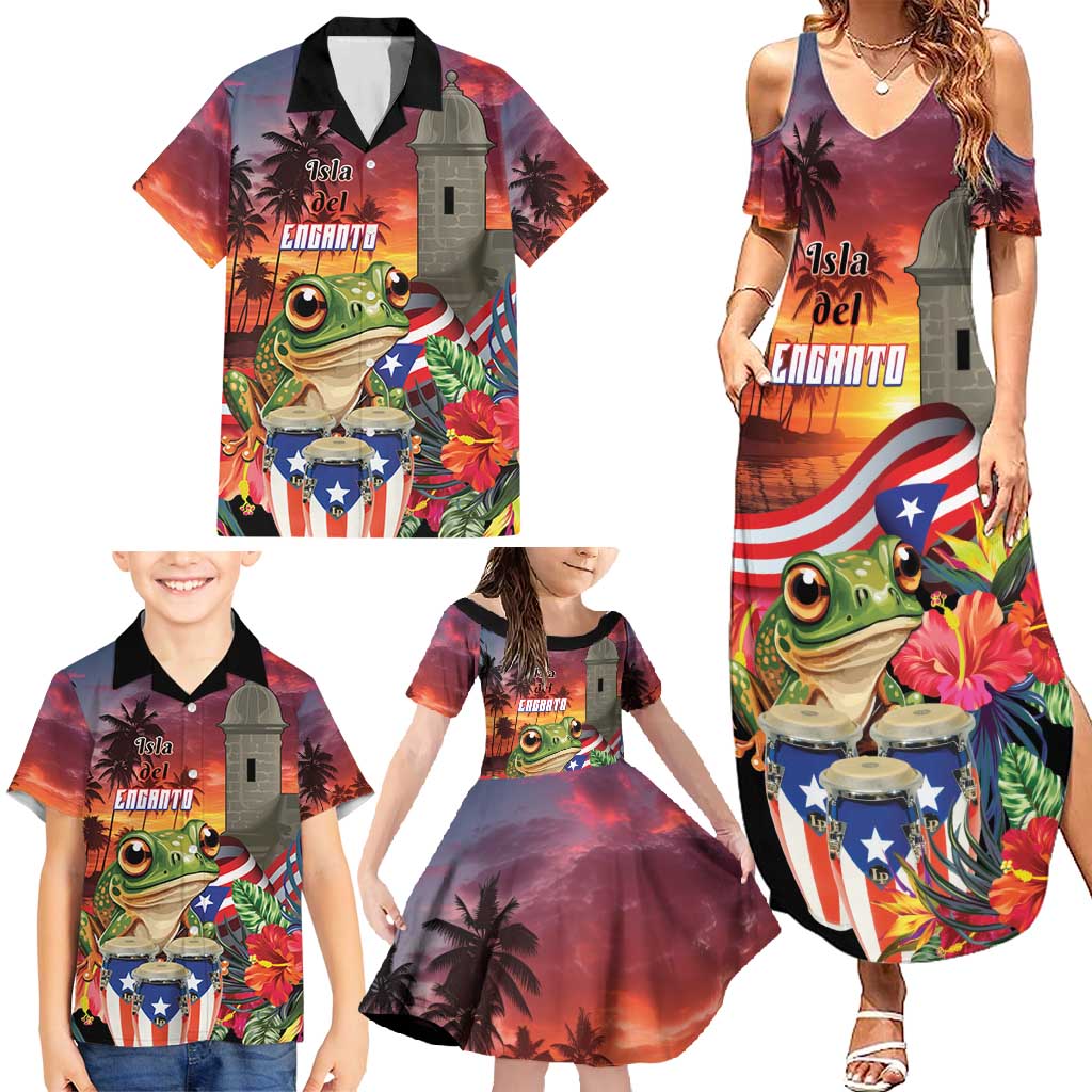 Puerto Rico Coqui Frog Sunset Family Matching Summer Maxi Dress and Hawaiian Shirt Isla Del Encanto Tropical Vibe - Wonder Print Shop