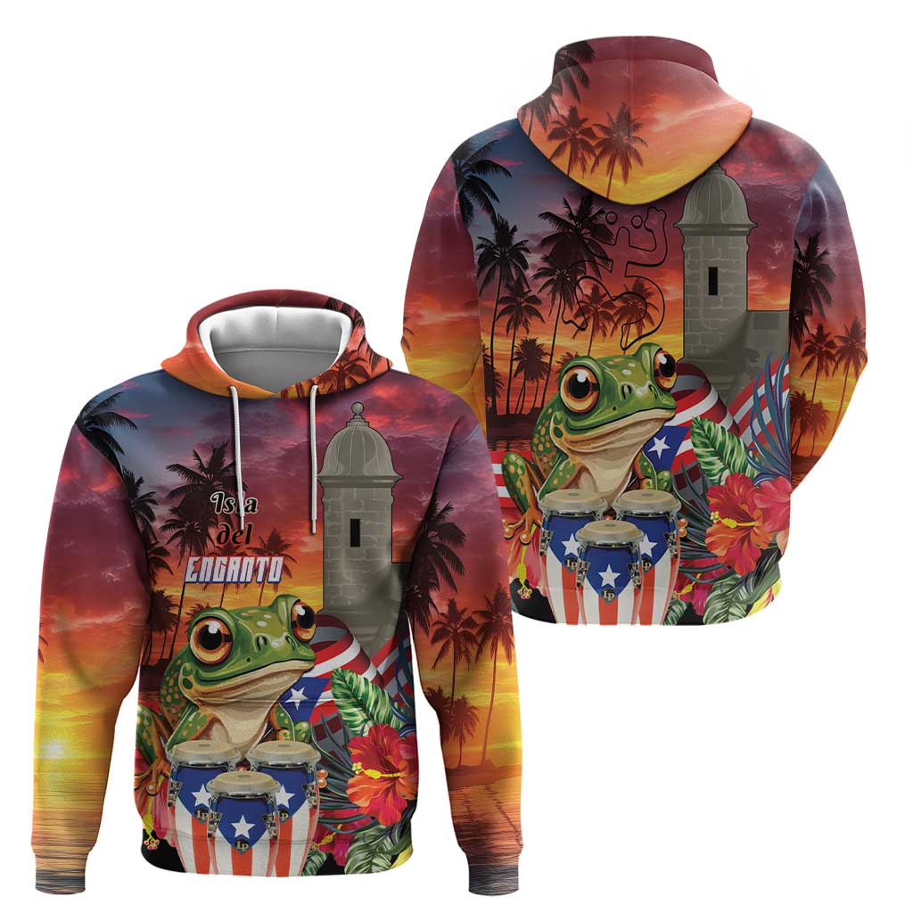 Puerto Rico Coqui Frog Sunset Hoodie Isla Del Encanto Tropical Vibe - Wonder Print Shop