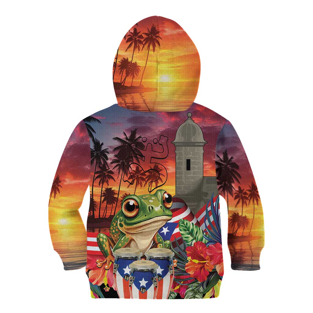 Puerto Rico Coqui Frog Sunset Kid Hoodie Isla Del Encanto Tropical Vibe - Wonder Print Shop