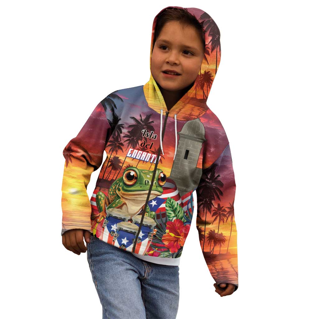 Puerto Rico Coqui Frog Sunset Kid Hoodie Isla Del Encanto Tropical Vibe - Wonder Print Shop