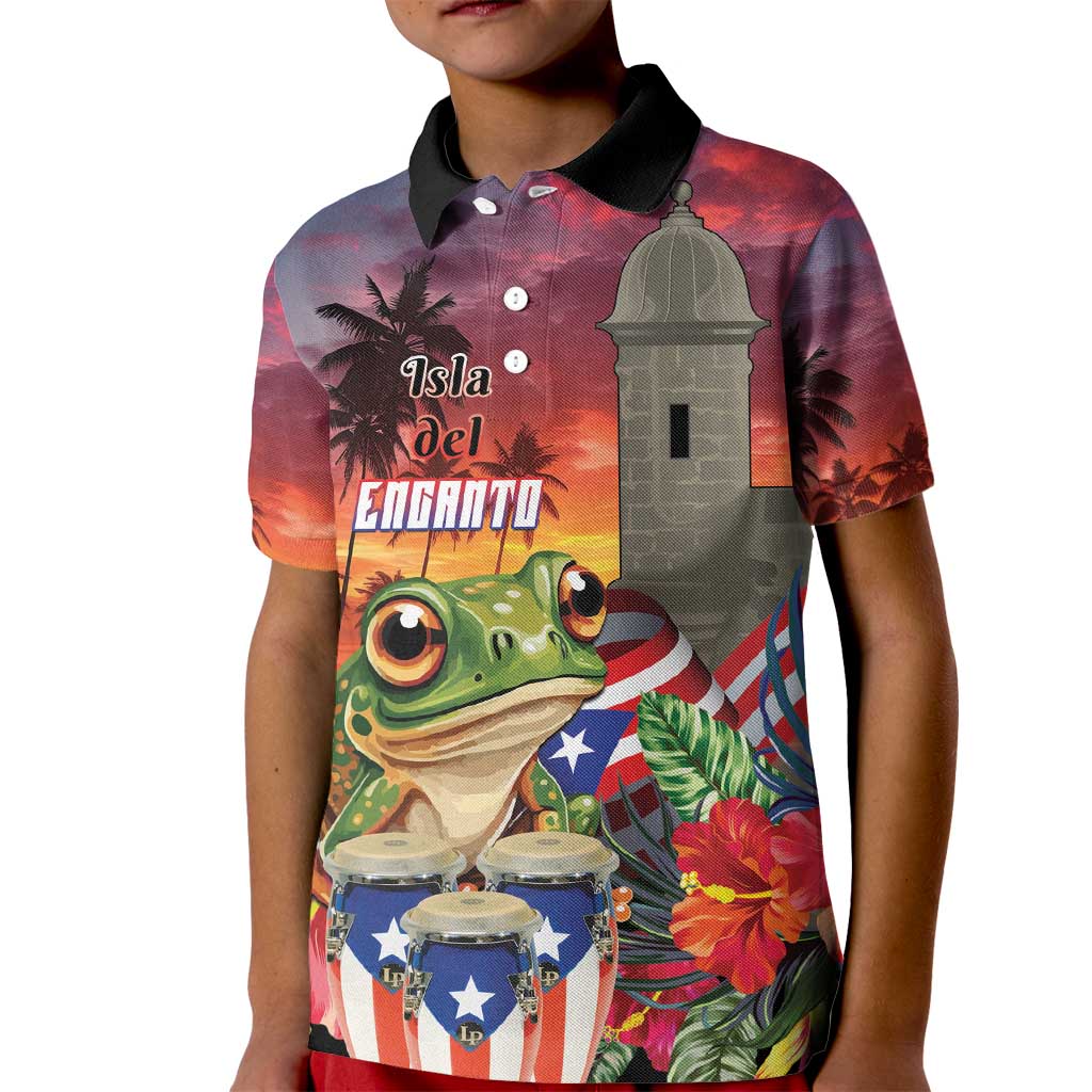 Puerto Rico Coqui Frog Sunset Kid Polo Shirt Isla Del Encanto Tropical Vibe - Wonder Print Shop