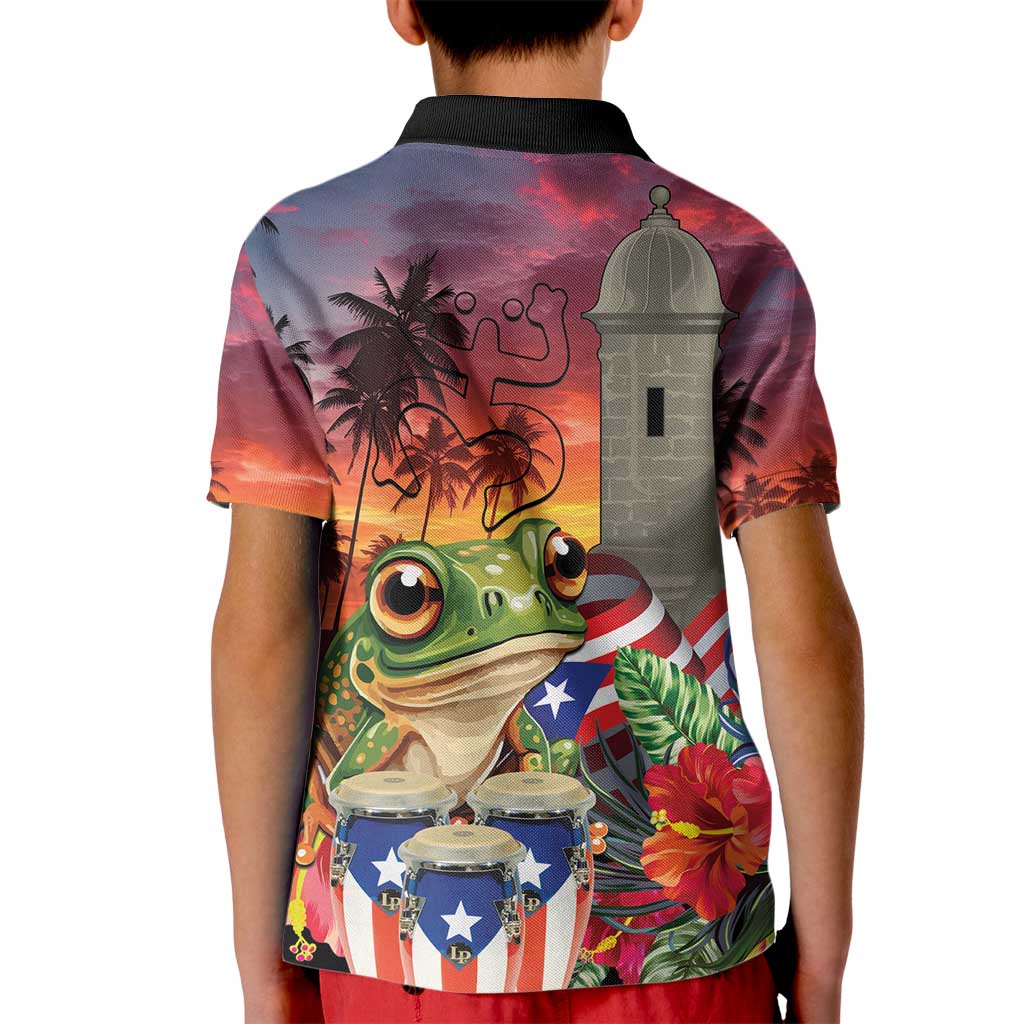 Puerto Rico Coqui Frog Sunset Kid Polo Shirt Isla Del Encanto Tropical Vibe - Wonder Print Shop