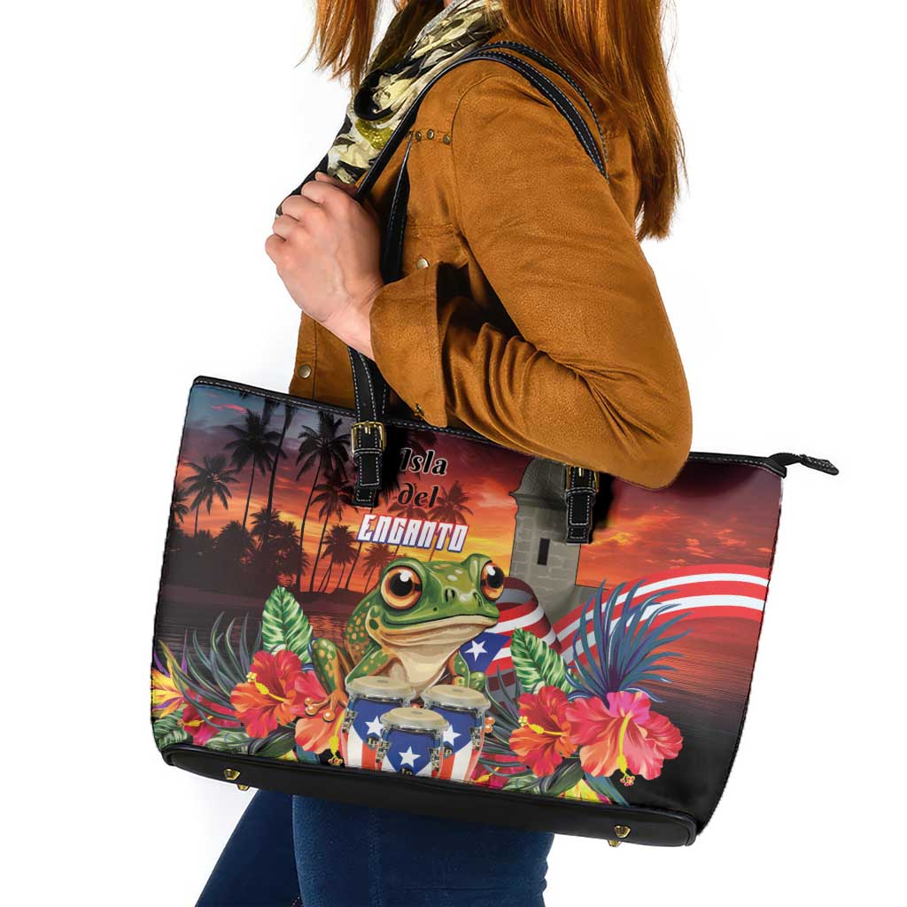 Puerto Rico Coqui Frog Sunset Leather Tote Bag Isla Del Encanto Tropical Vibe - Wonder Print Shop