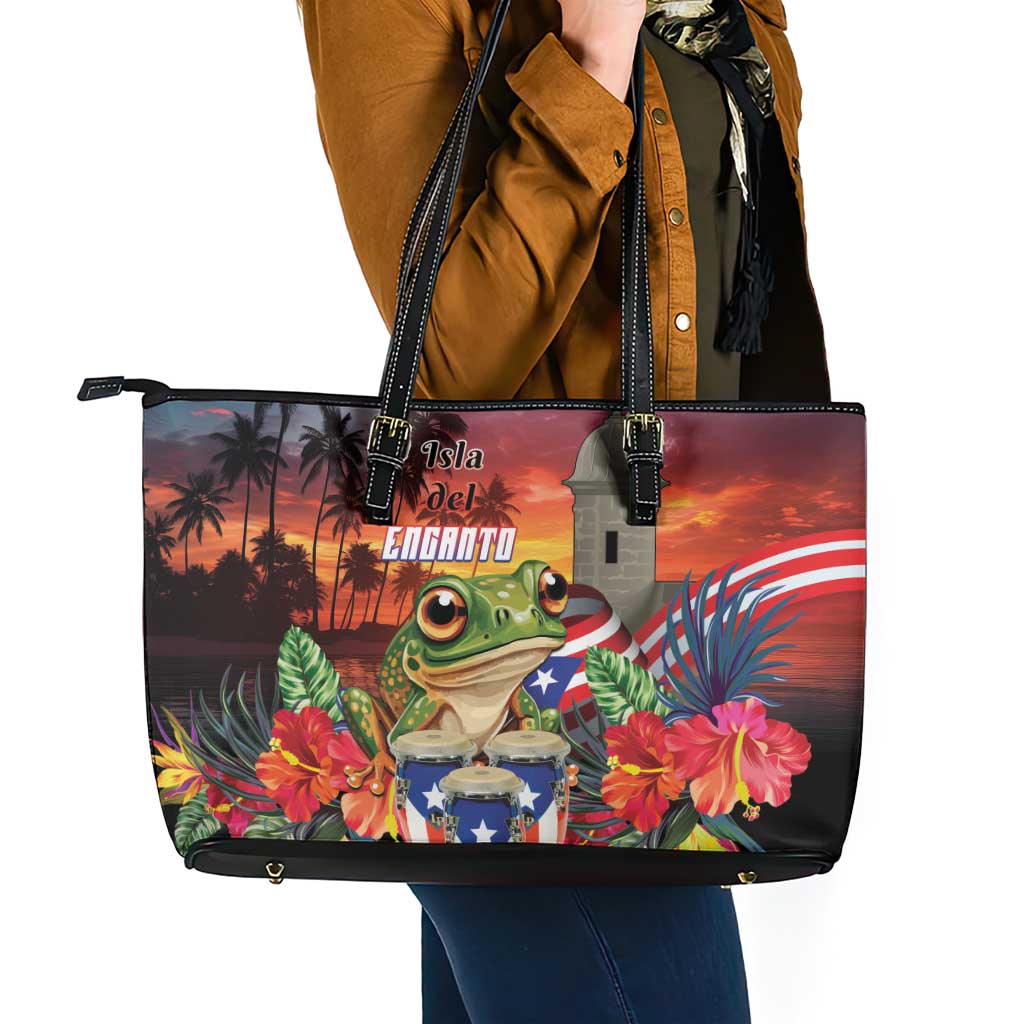 Puerto Rico Coqui Frog Sunset Leather Tote Bag Isla Del Encanto Tropical Vibe - Wonder Print Shop