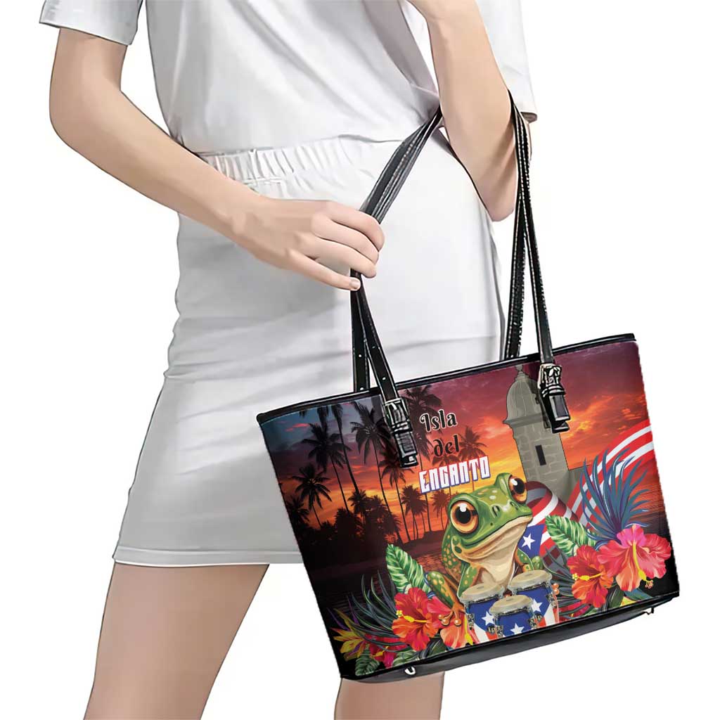 Puerto Rico Coqui Frog Sunset Leather Tote Bag Isla Del Encanto Tropical Vibe - Wonder Print Shop