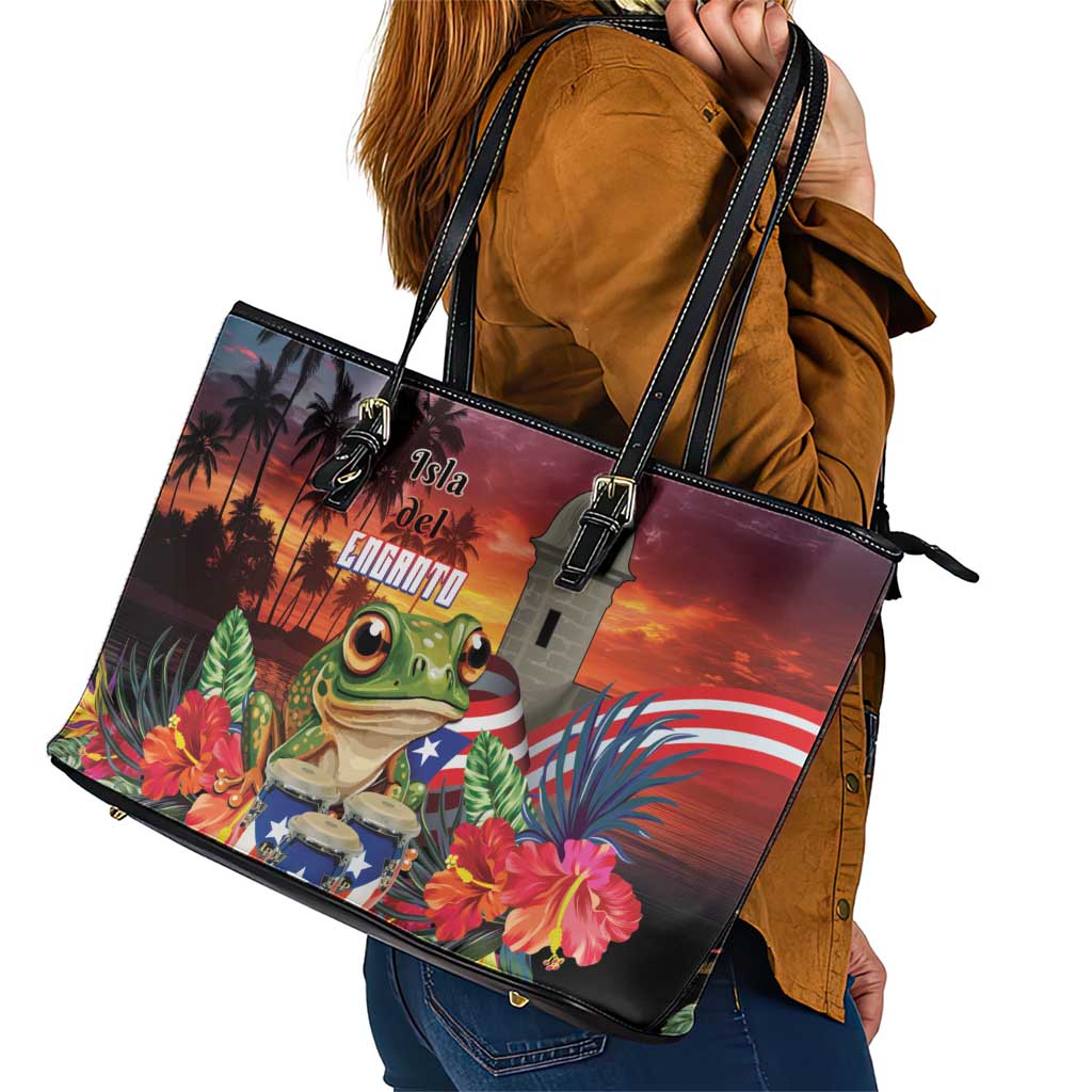 Puerto Rico Coqui Frog Sunset Leather Tote Bag Isla Del Encanto Tropical Vibe - Wonder Print Shop