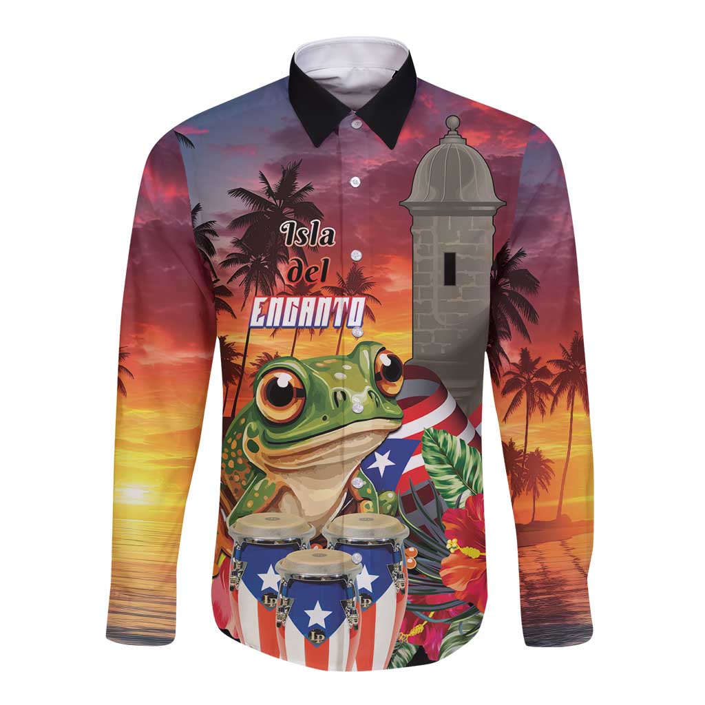 Puerto Rico Coqui Frog Sunset Long Sleeve Button Shirt Isla Del Encanto Tropical Vibe - Wonder Print Shop