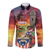 Puerto Rico Coqui Frog Sunset Long Sleeve Button Shirt Isla Del Encanto Tropical Vibe - Wonder Print Shop