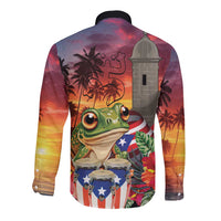 Puerto Rico Coqui Frog Sunset Long Sleeve Button Shirt Isla Del Encanto Tropical Vibe - Wonder Print Shop