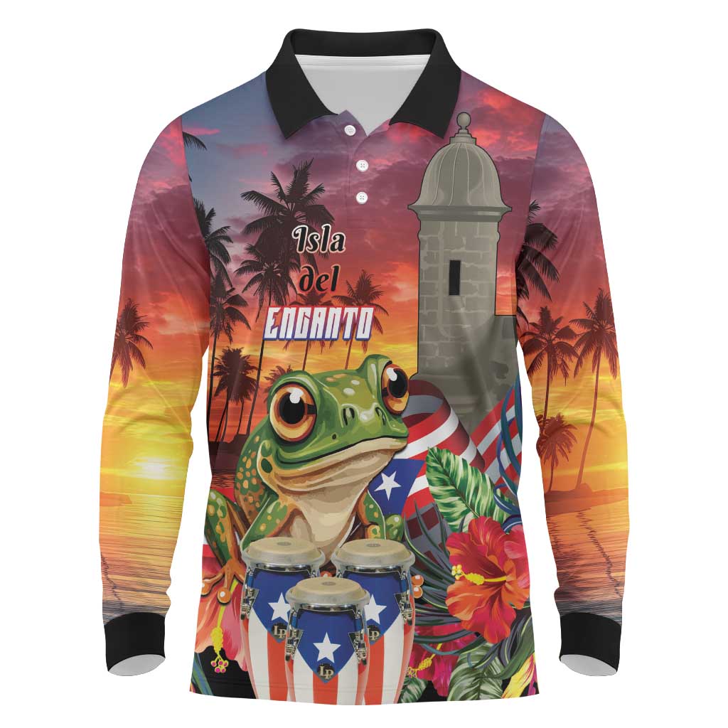 Puerto Rico Coqui Frog Sunset Long Sleeve Polo Shirt Isla Del Encanto Tropical Vibe - Wonder Print Shop