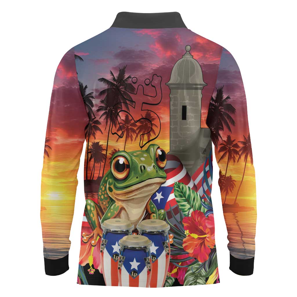 Puerto Rico Coqui Frog Sunset Long Sleeve Polo Shirt Isla Del Encanto Tropical Vibe - Wonder Print Shop