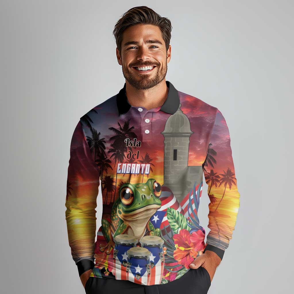 Puerto Rico Coqui Frog Sunset Long Sleeve Polo Shirt Isla Del Encanto Tropical Vibe - Wonder Print Shop