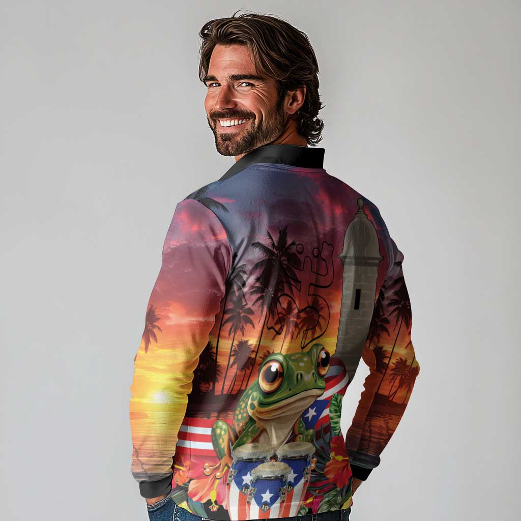 Puerto Rico Coqui Frog Sunset Long Sleeve Polo Shirt Isla Del Encanto Tropical Vibe - Wonder Print Shop
