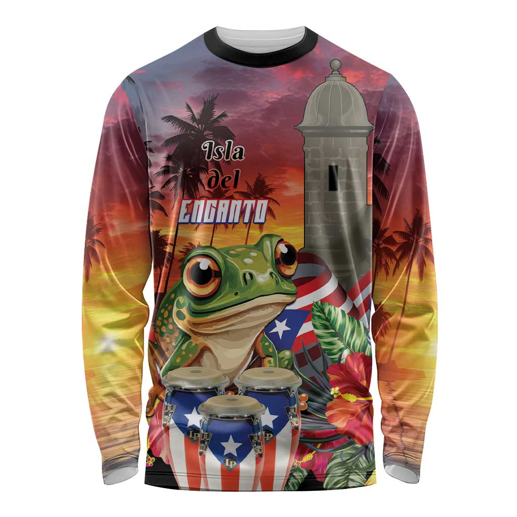 Puerto Rico Coqui Frog Sunset Long Sleeve Shirt Isla Del Encanto Tropical Vibe - Wonder Print Shop