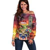 Puerto Rico Coqui Frog Sunset Off Shoulder Sweater Isla Del Encanto Tropical Vibe - Wonder Print Shop