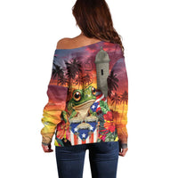 Puerto Rico Coqui Frog Sunset Off Shoulder Sweater Isla Del Encanto Tropical Vibe - Wonder Print Shop