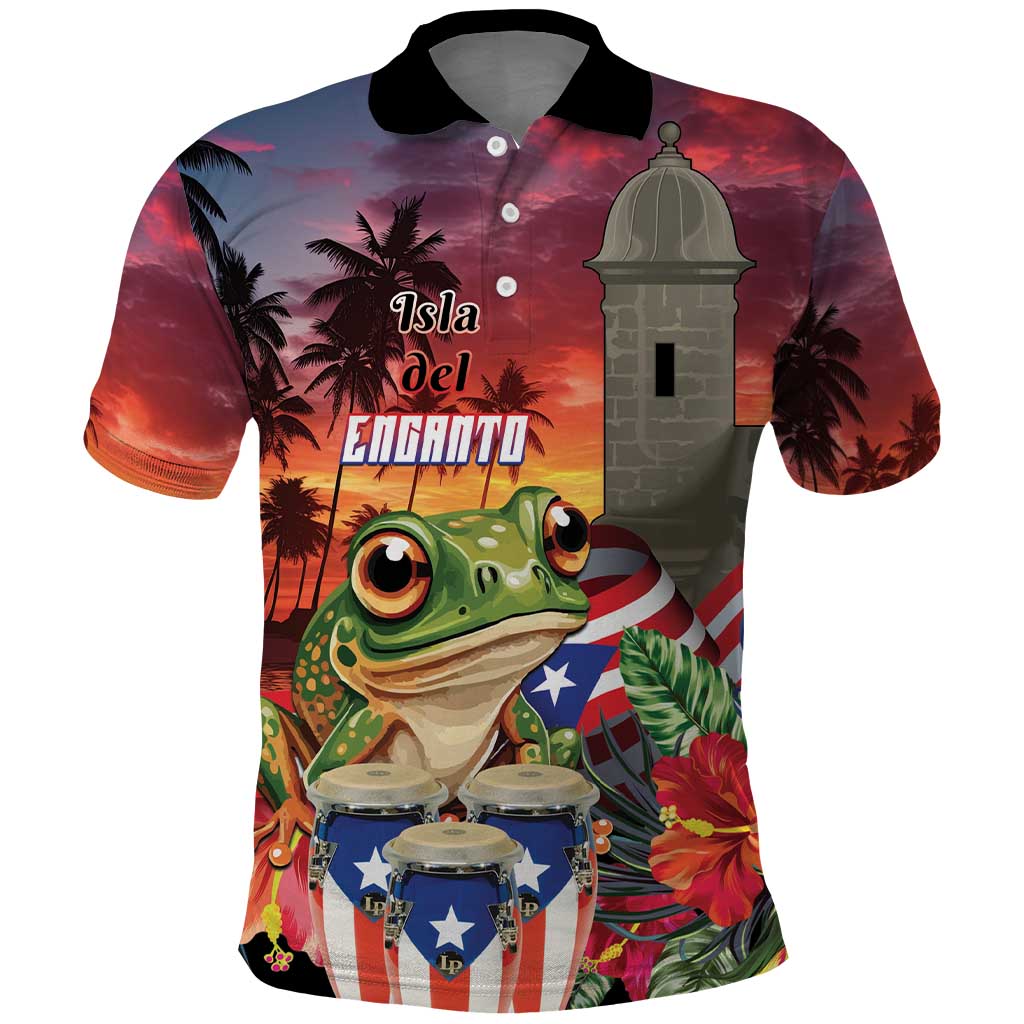 Puerto Rico Coqui Frog Sunset Polo Shirt Isla Del Encanto Tropical Vibe - Wonder Print Shop