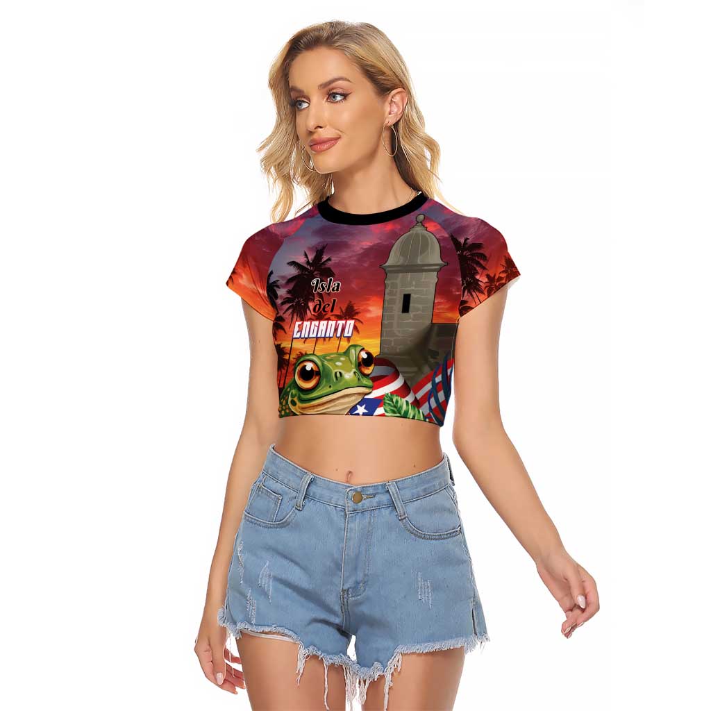 Puerto Rico Coqui Frog Sunset Raglan Cropped T Shirt Isla Del Encanto Tropical Vibe - Wonder Print Shop