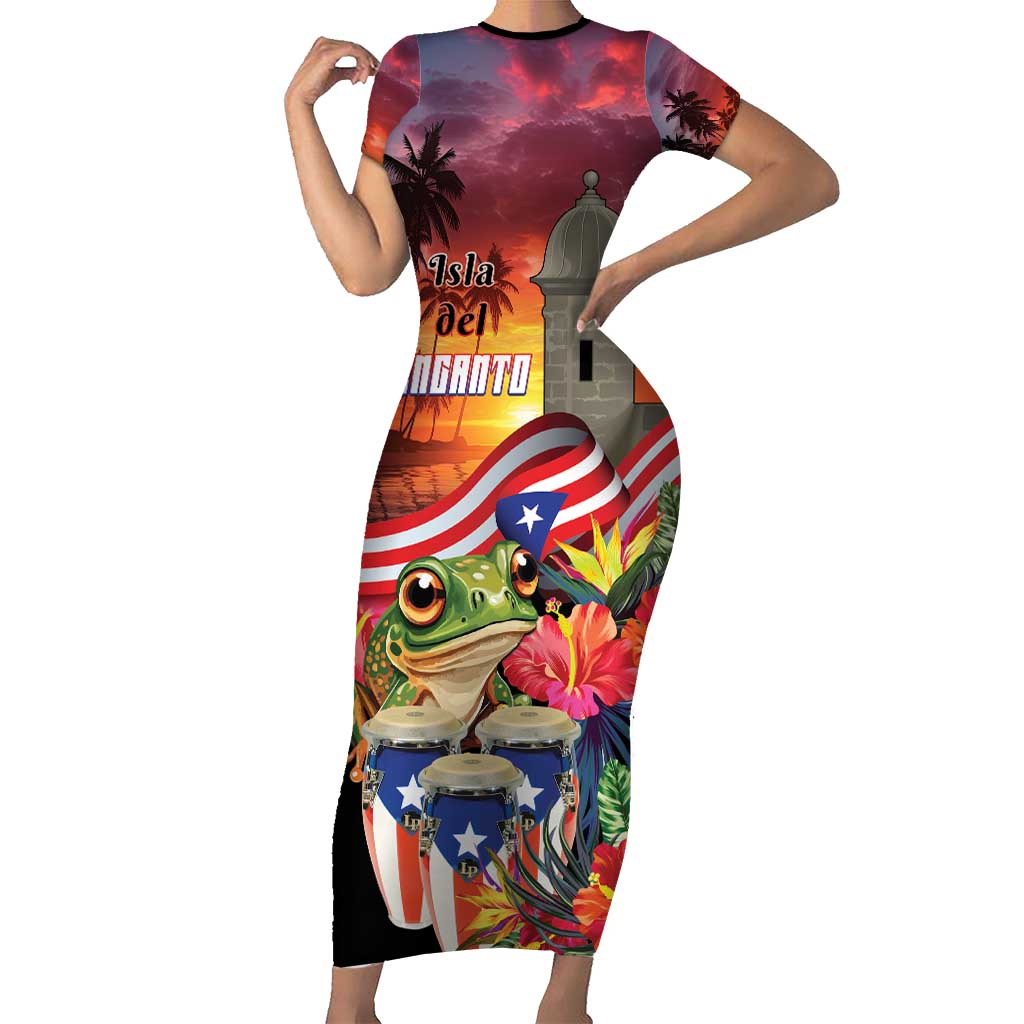 Puerto Rico Coqui Frog Sunset Short Sleeve Bodycon Dress Isla Del Encanto Tropical Vibe - Wonder Print Shop