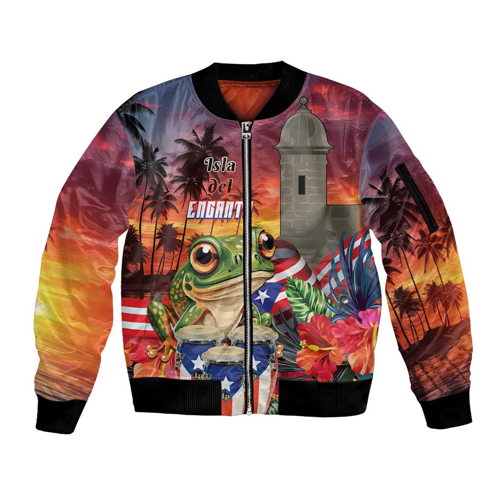 Puerto Rico Coqui Frog Sunset Sleeve Zip Bomber Jacket Isla Del Encanto Tropical Vibe - Wonder Print Shop