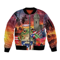 Puerto Rico Coqui Frog Sunset Sleeve Zip Bomber Jacket Isla Del Encanto Tropical Vibe - Wonder Print Shop