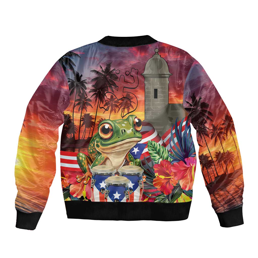 Puerto Rico Coqui Frog Sunset Sleeve Zip Bomber Jacket Isla Del Encanto Tropical Vibe - Wonder Print Shop