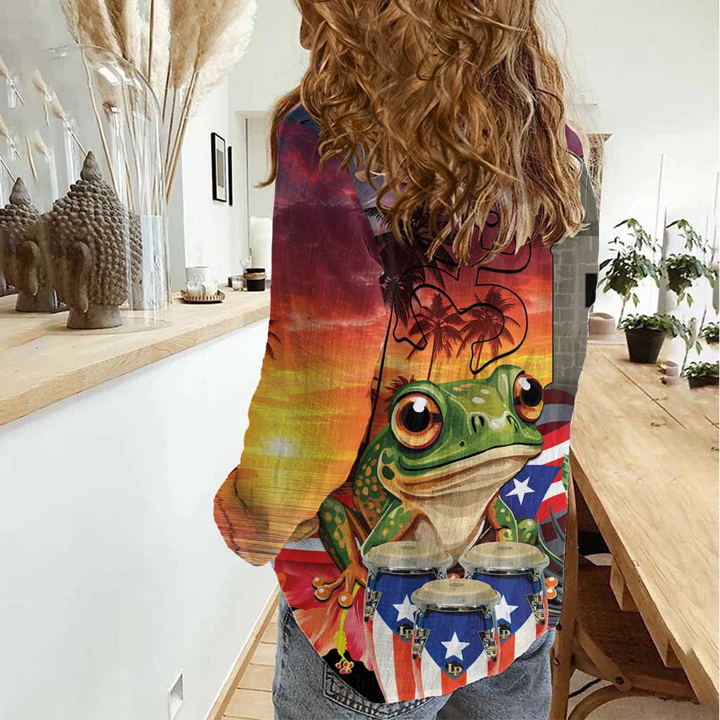 Puerto Rico Coqui Frog Sunset Women Casual Shirt Isla Del Encanto Tropical Vibe - Wonder Print Shop