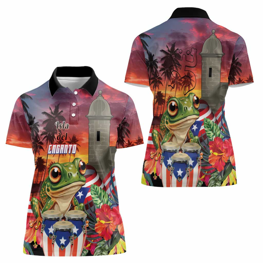 Puerto Rico Coqui Frog Sunset Women Polo Shirt Isla Del Encanto Tropical Vibe - Wonder Print Shop