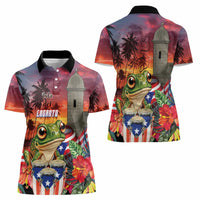 Puerto Rico Coqui Frog Sunset Women Polo Shirt Isla Del Encanto Tropical Vibe - Wonder Print Shop