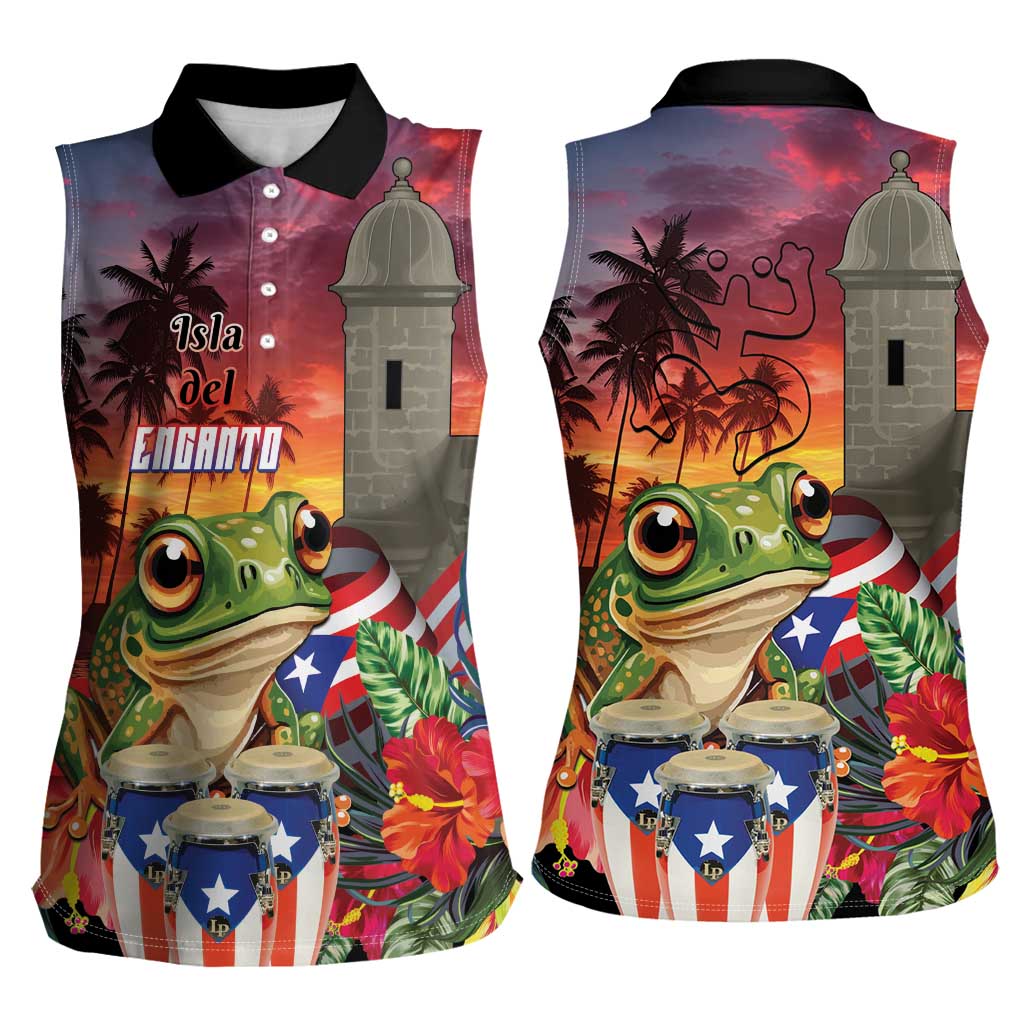 Puerto Rico Coqui Frog Sunset Women Sleeveless Polo Shirt Isla Del Encanto Tropical Vibe - Wonder Print Shop