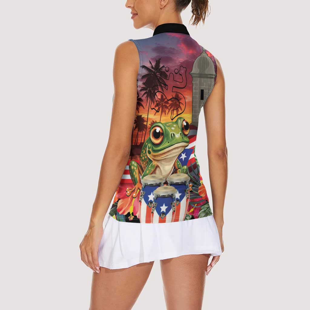 Puerto Rico Coqui Frog Sunset Women Sleeveless Polo Shirt Isla Del Encanto Tropical Vibe - Wonder Print Shop