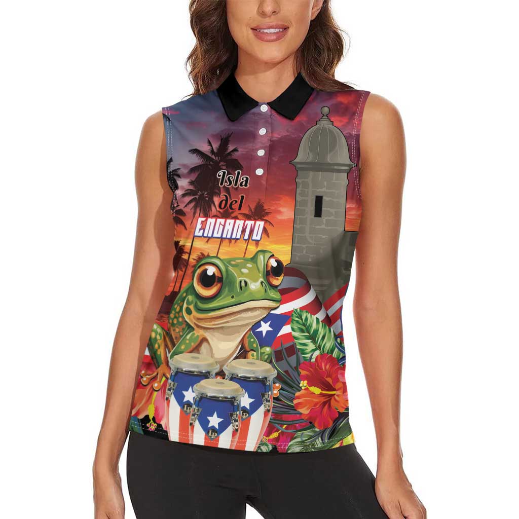 Puerto Rico Coqui Frog Sunset Women Sleeveless Polo Shirt Isla Del Encanto Tropical Vibe - Wonder Print Shop